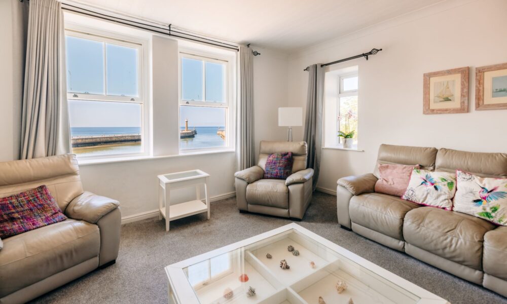 Captain's Quarters, Whitby. Sea views in living room