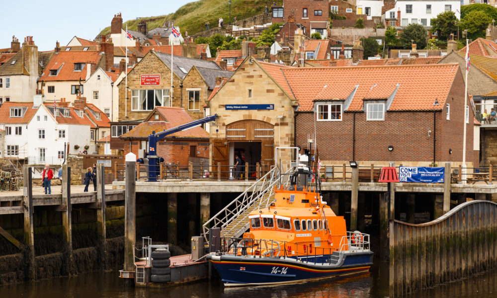 Lifeboat moored at Whitby Lifeboat Station.