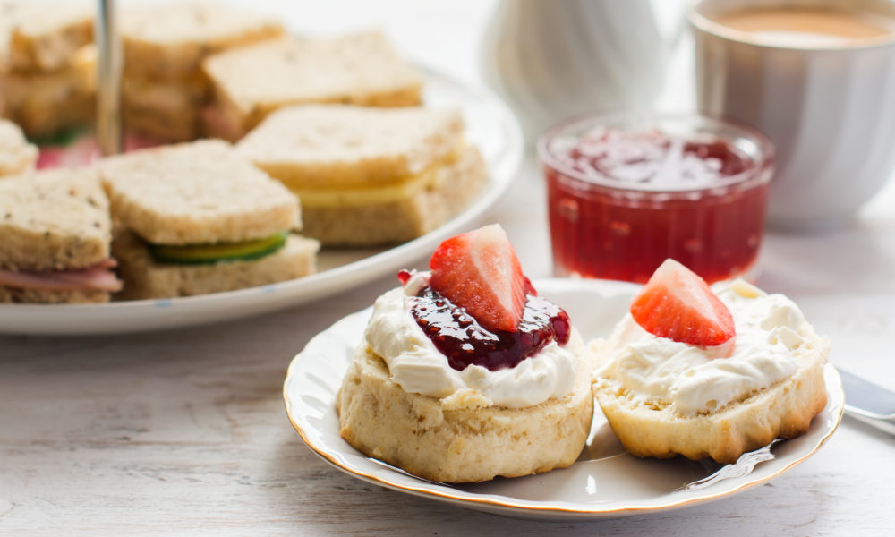 Traditional English afternoon tea: scones with clotted cream